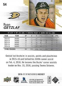 2016-17 SP Authentic #54 Ryan Getzlaf Back