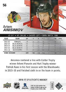 2016-17 SP Authentic #56 Artem Anisimov Back