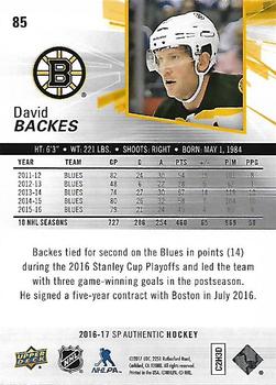 2016-17 SP Authentic #85 David Backes Back