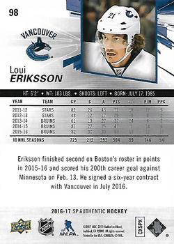 2016-17 SP Authentic #98 Loui Eriksson Back