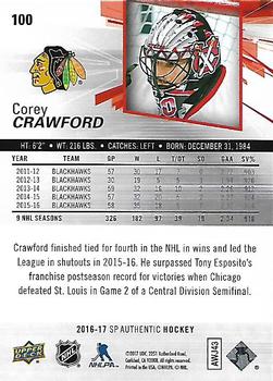 2016-17 SP Authentic #100 Corey Crawford Back