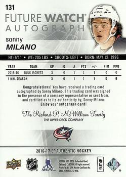 2016-17 SP Authentic #131 Sonny Milano Back