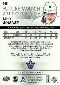 2016-17 SP Authentic #148 Mitch Marner Back