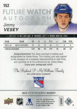 2016-17 SP Authentic #152 Jimmy Vesey Back