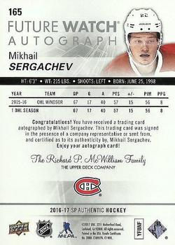 2016-17 SP Authentic #165 Mikhail Sergachev Back