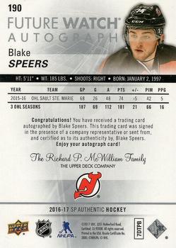 2016-17 SP Authentic #190 Blake Speers Back