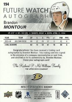 2016-17 SP Authentic #194 Brandon Montour Back