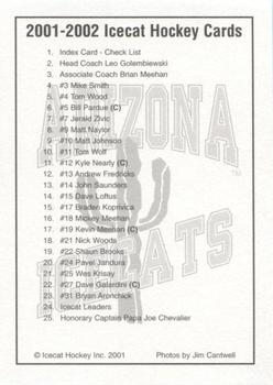 2001-02 Arizona Icecats (ACHA) #NNO Header / Checklist Back