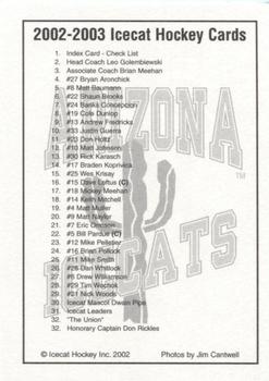 2002-03 Arizona Icecats (ACHA) #NNO Header / Checklist Back