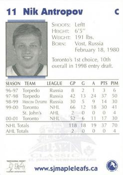 2001-02 Newtel St. John's Maple Leafs (AHL) #NNO Nik Antropov Back