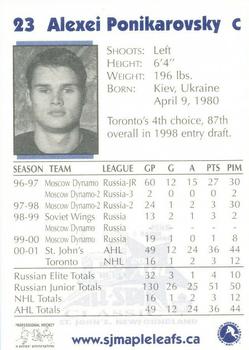 2001-02 Newtel St. John's Maple Leafs (AHL) #NNO Alexei Ponikarovsky Back