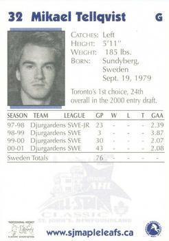 2001-02 Newtel St. John's Maple Leafs (AHL) #NNO Mikael Tellqvist Back