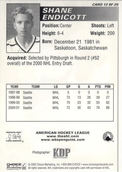 2001-02 Choice Wilkes-Barre/Scranton Penguins (AHL) #12 Shane Endicott Back