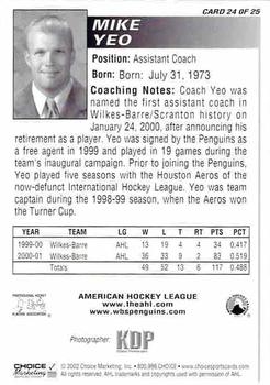 2001-02 Choice Wilkes-Barre/Scranton Penguins (AHL) #24 Mike Yeo Back