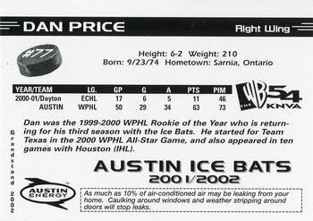 2001-02 Grandstand Austin Ice Bats (CHL) #NNO Dan Price Back