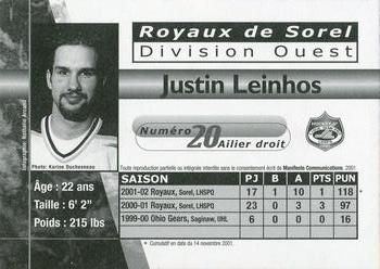 2001-02 Sorel Royaux (QSPHL) #NNO Justin Leinhos Back