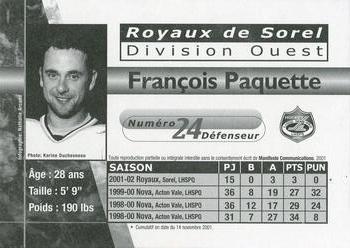 2001-02 Sorel Royaux (QSPHL) #NNO Francois Paquette Back