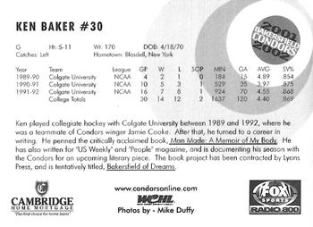 2001-02 Bakersfield Condors (WCHL) #NNO Ken Baker Back