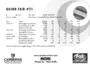 2001-02 Bakersfield Condors (WCHL) #NNO Quinn Fair Back