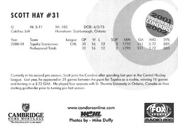 2001-02 Bakersfield Condors (WCHL) #NNO Scott Hay Back