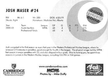 2001-02 Bakersfield Condors (WCHL) #NNO Josh Maser Back