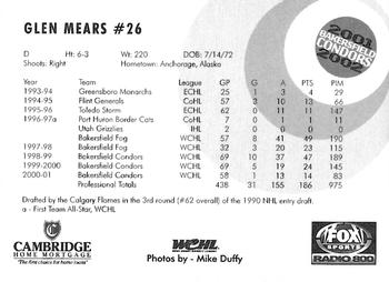 2001-02 Bakersfield Condors (WCHL) #NNO Glen Mears Back