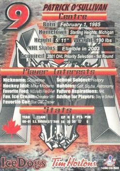 2001-02 Tim Hortons Mississauga IceDogs (OHL) #NNO Patrick O'Sullivan Back