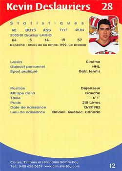 2001-02 Cartes, Timbres et Monnaies Sainte-Foy Baie-Comeau Drakkar (QMJHL) #12 Kevin Deslauriers Back