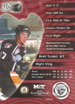 2003-04 M&T Printing Guelph Storm (OHL) #13 Brett Trudell Back