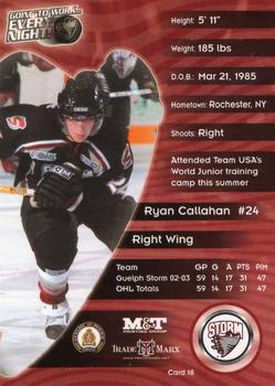 2003-04 M&T Printing Guelph Storm (OHL) #18 Ryan Callahan Back
