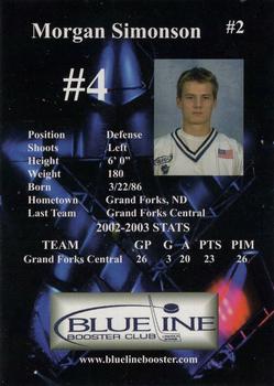 2003-04 Blueline Booster Club Lincoln Stars (USHL) #2 Morgan Simonson Back