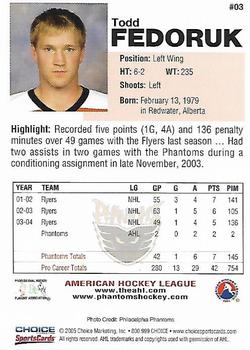 2004-05 Choice Philadelphia Phantoms (AHL) #03 Todd Fedoruk Back