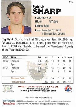 2004-05 Choice Philadelphia Phantoms (AHL) #17 Patrick Sharp Back