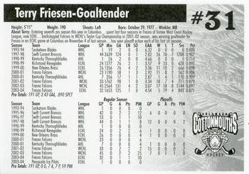 2004-05 Hollywood Connection Columbus Cottonmouths (SPHL) #NNO Terry Friesen Back