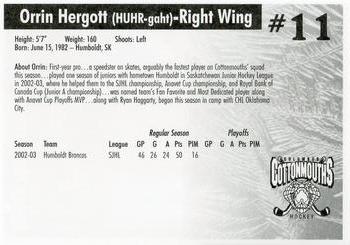 2004-05 Hollywood Connection Columbus Cottonmouths (SPHL) #NNO Orrin Hergott Back
