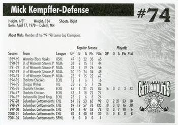 2004-05 Hollywood Connection Columbus Cottonmouths (SPHL) #NNO Mick Kempffer Back