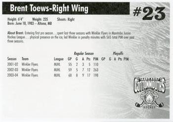 2004-05 Hollywood Connection Columbus Cottonmouths (SPHL) #NNO Brent Toews Back