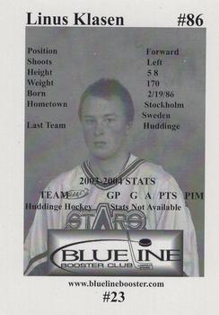 2004-05 Blueline Booster Club Lincoln Stars (USHL) #23 Linus Klasen Back