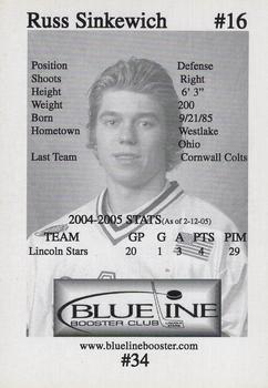 2004-05 Blueline Booster Club Lincoln Stars (USHL) Update #34 Russ Sinkewich Back