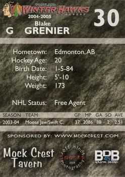 2004-05 Portland Winterhawks (WHL) #NNO Blake Grenier Back