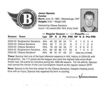 2005-06 Binghamton Senators (AHL) Then and Now Postcards #NNO Jason Spezza Back