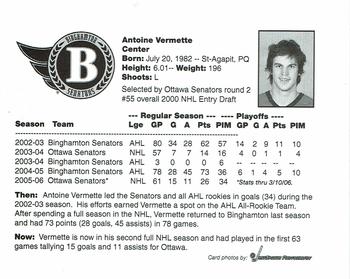 2005-06 Binghamton Senators (AHL) Then and Now Postcards #NNO Antoine Vermette Back