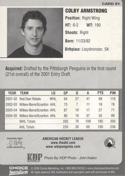 2005-06 Choice Wilkes-Barre/Scranton Penguins (AHL) #1 Colby Armstrong Back