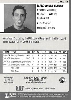 2005-06 Choice Wilkes-Barre/Scranton Penguins (AHL) #12 Marc-Andre Fleury Back