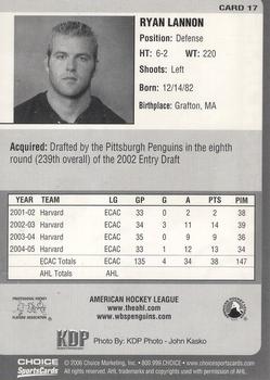 2005-06 Choice Wilkes-Barre/Scranton Penguins (AHL) #17 Ryan Lannon Back