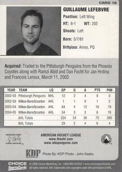 2005-06 Choice Wilkes-Barre/Scranton Penguins (AHL) #18 Guillaume Lefebvre Back