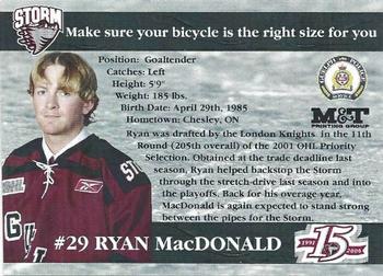 2005-06 M&T Printing Guelph Storm (OHL) #A-05 Ryan MacDonald Back