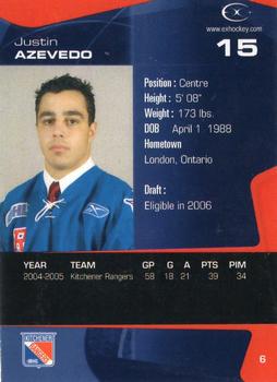 2005-06 Extreme Kitchener Rangers (OHL) #6 Justin Azevedo Back