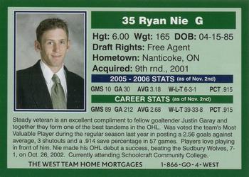 2005-06 Plymouth Whalers (OHL) #A-08 Ryan Nie Back