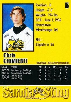 2005-06 Sarnia Sting (OHL) #5 Chris Chimienti Back